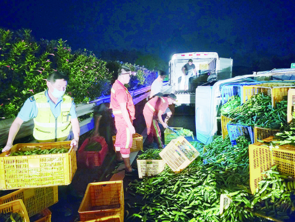 小貨車突發(fā)側翻事故 1.5噸蔬菜全部傾撒高速路